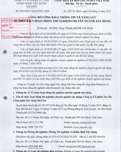 CÔNG BỐ THÔNG TIN PHÒNG THÍ NGHIỆM